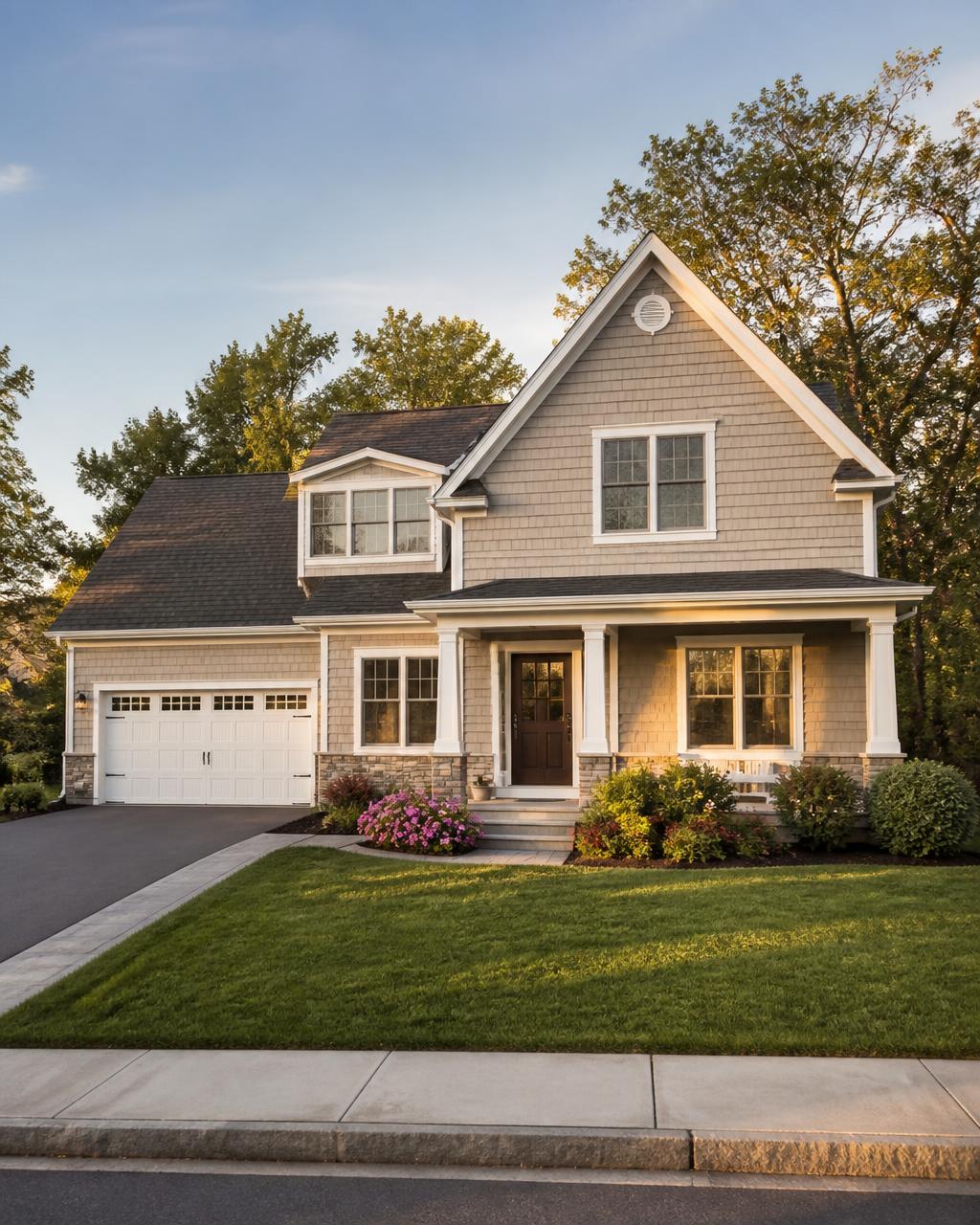 Well-kept single-family home photographed from the street at golden hour